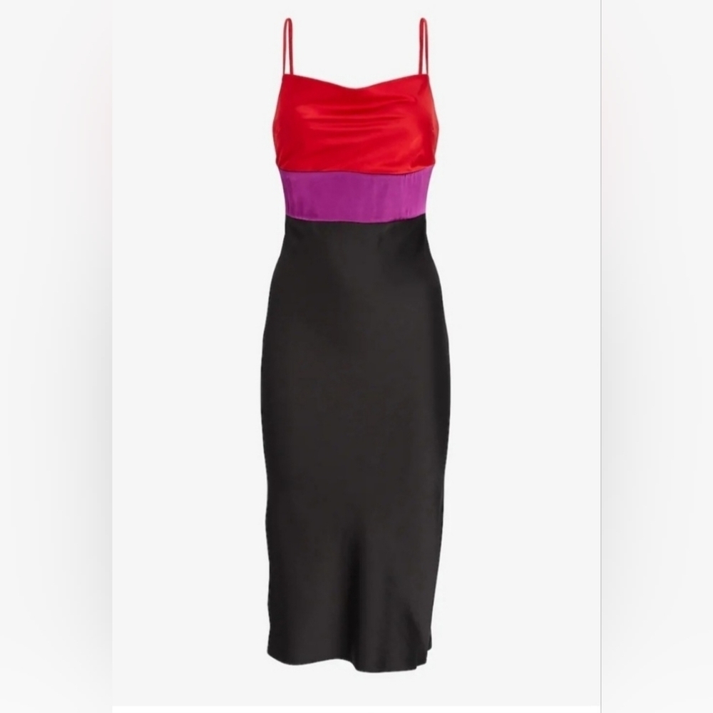 Express Black Satin Color Blocked w‎ Red & Purple Cowl Neck Midi Slip Dress